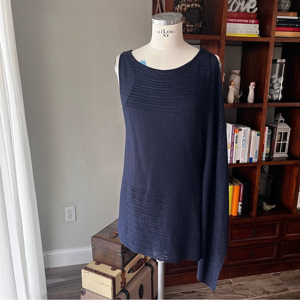 White House Black Market Navy Blue Shimmery sleeveless top with draped shoulder